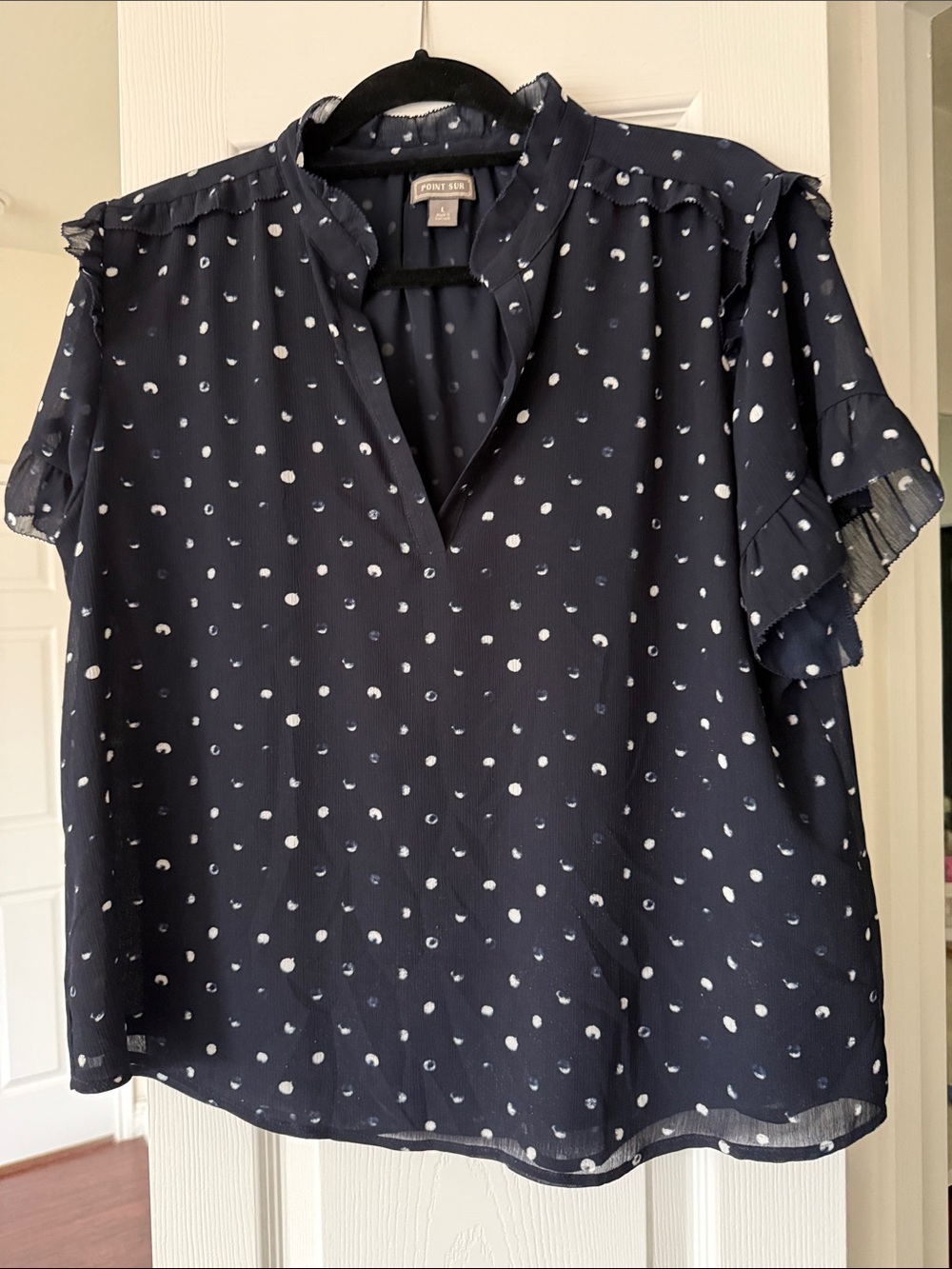Pont Neuf Navy and White Polka Dot Short Sleeve Blouse